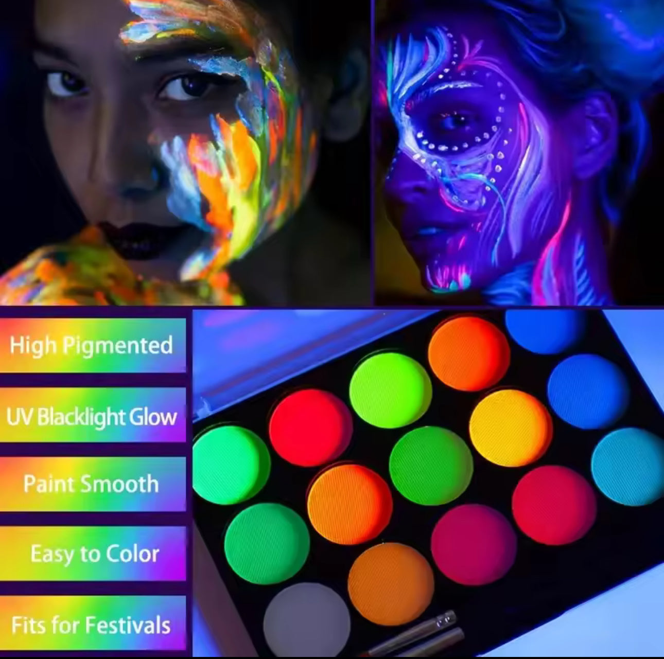 UV 15 color neon water activated face/body paint